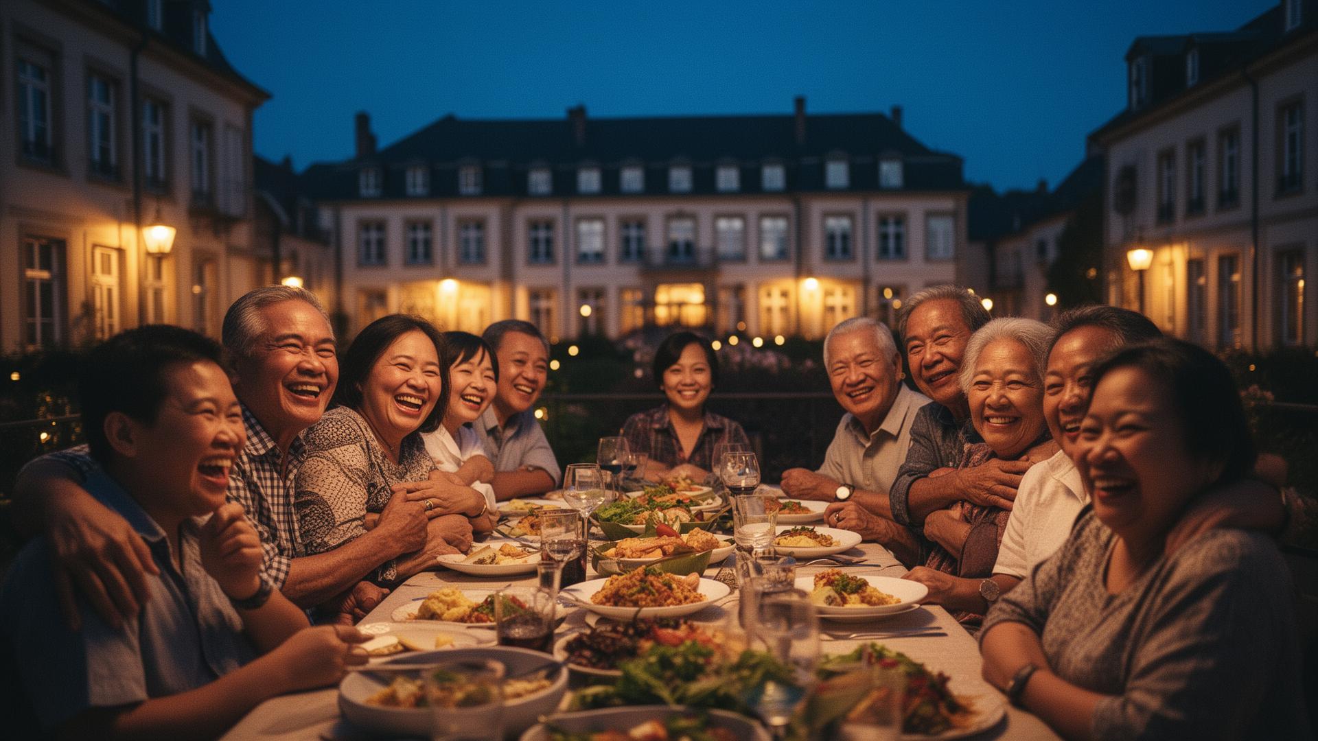 Filipino community gathering in Luxembourg at twilight
